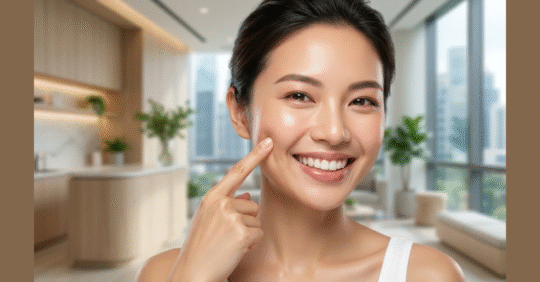 A close-up photograph of a Singaporean woman in her 20s or 30s playfully poking her cheek at Dr Plus Aesthetics, showcasing dense dermal thickness and resilient skin elasticity, illustrating the preventive approach of collagen banking.