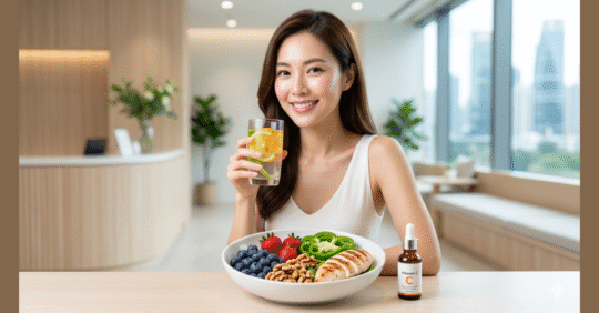 A joyful Singaporean woman at Dr Plus Aesthetics showing natural, luminous skin after HIFU treatment, drinking Vitamin C water with a collagen-rich meal and a medical-grade serum on the table, illustrating internal and external recovery support.